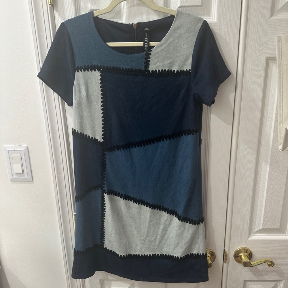 Design Lab Lord & Taylor Navy and Gray Patchwork Dress